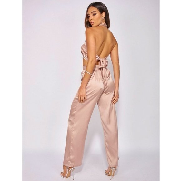 Nude Satin Silk Halter Neck Crop Top and High Waist Wide Leg Pants Two Piece Set - Picture 4 of 15